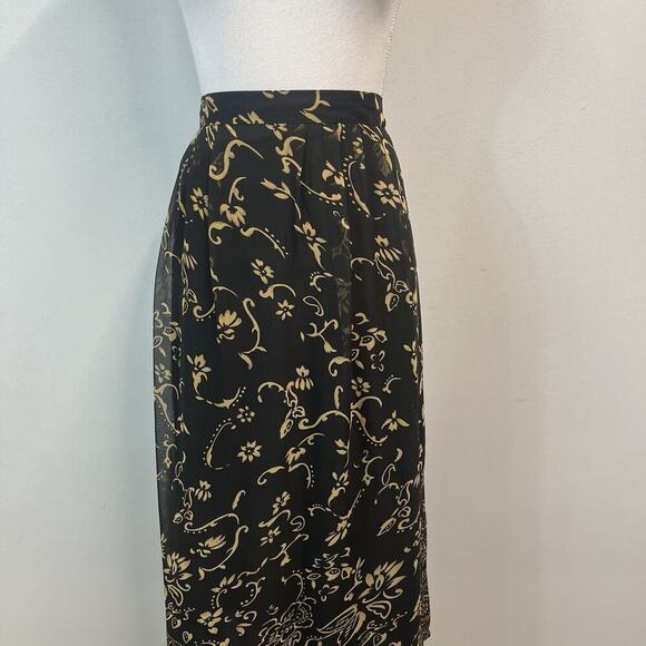 Sag Harbor Skirt size Large Black Brown Floral Sheer Long A Line Pleated Modest - Picture 2 of 11